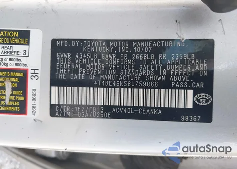 2008 Toyota Camry Le z USA, uszkodzony, nr VIN 4T1BE46K58U759866